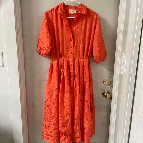 Saks Fifth Avenue Vintage 1950’s Oriental Orange Silk Pleated Swing Dress Sz 16 - Picture 1 of 14